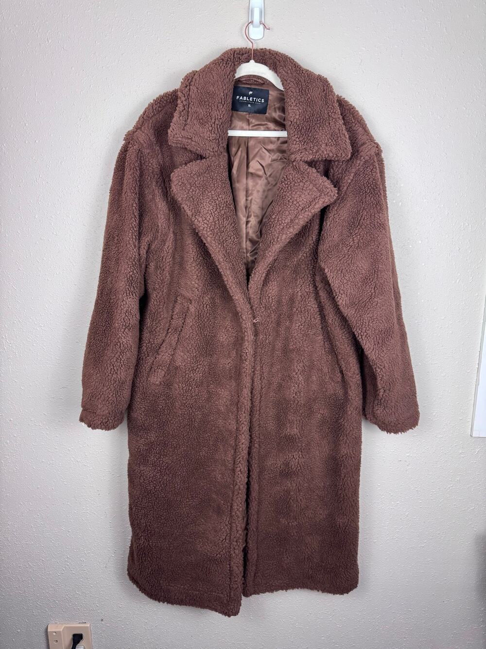 NWOT Fabletics Teddy Long Coat Brown Womens size XL